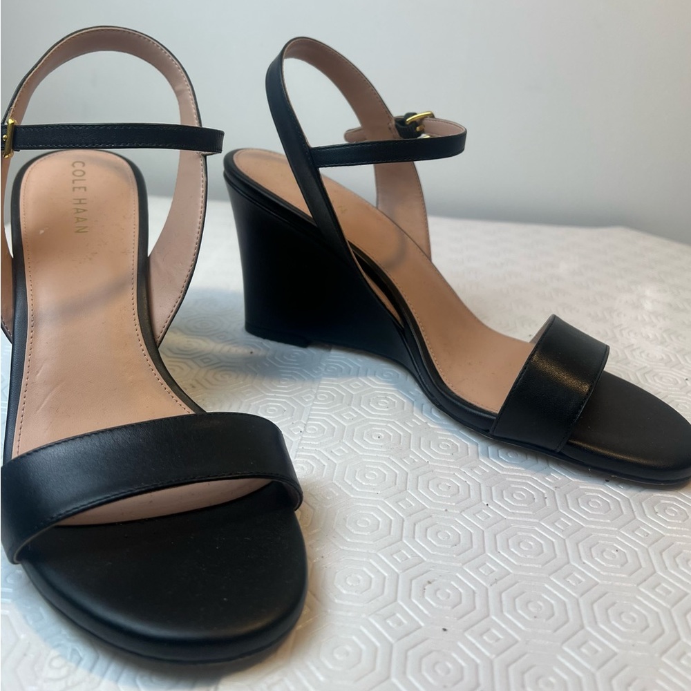 Cole Haan Black Leather Wedge Sandals